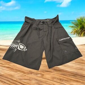 Tormenter Mens Size 38 Board Shorts Swim Trunks Black Fish Skeleton Graphic‎